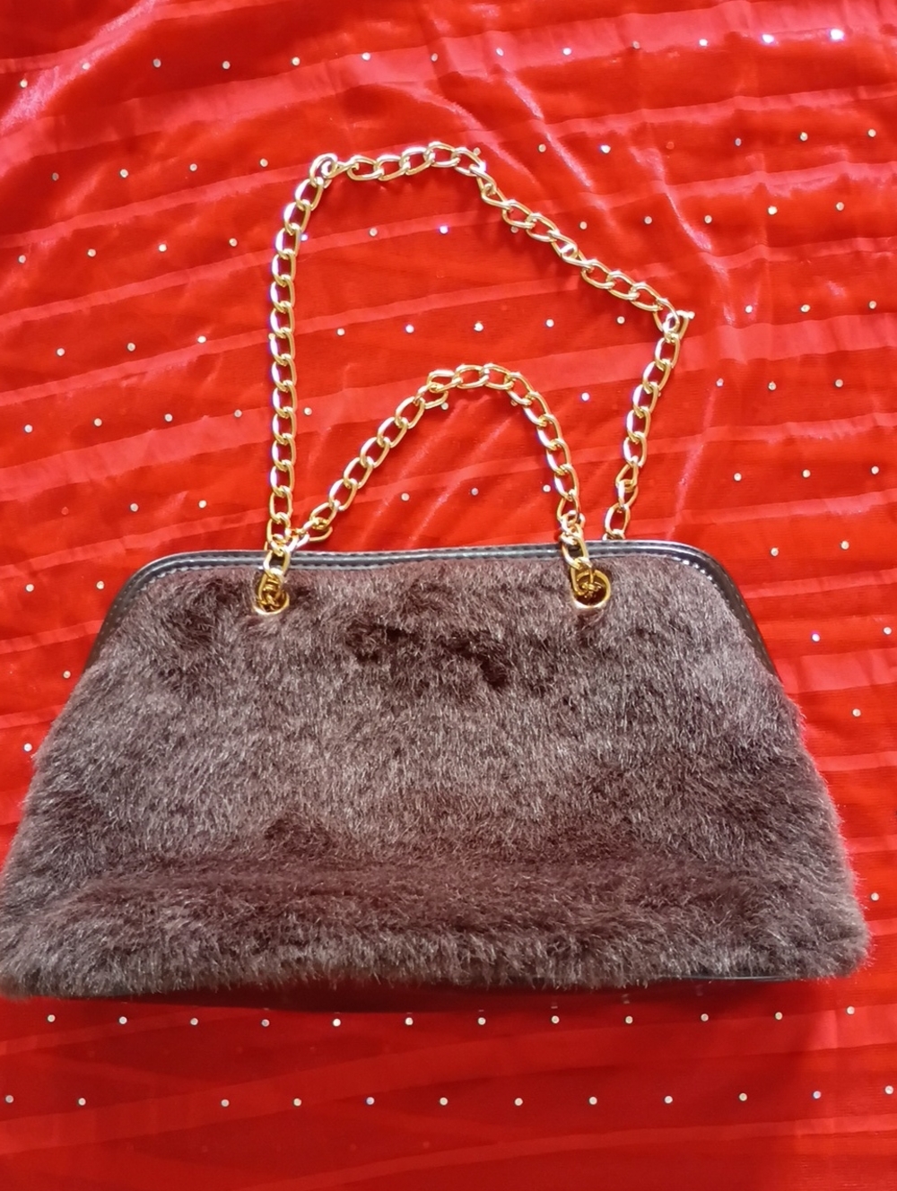Victoria's Secret Brown Faux Fur Shoulder Bag with Gold Chain Handles